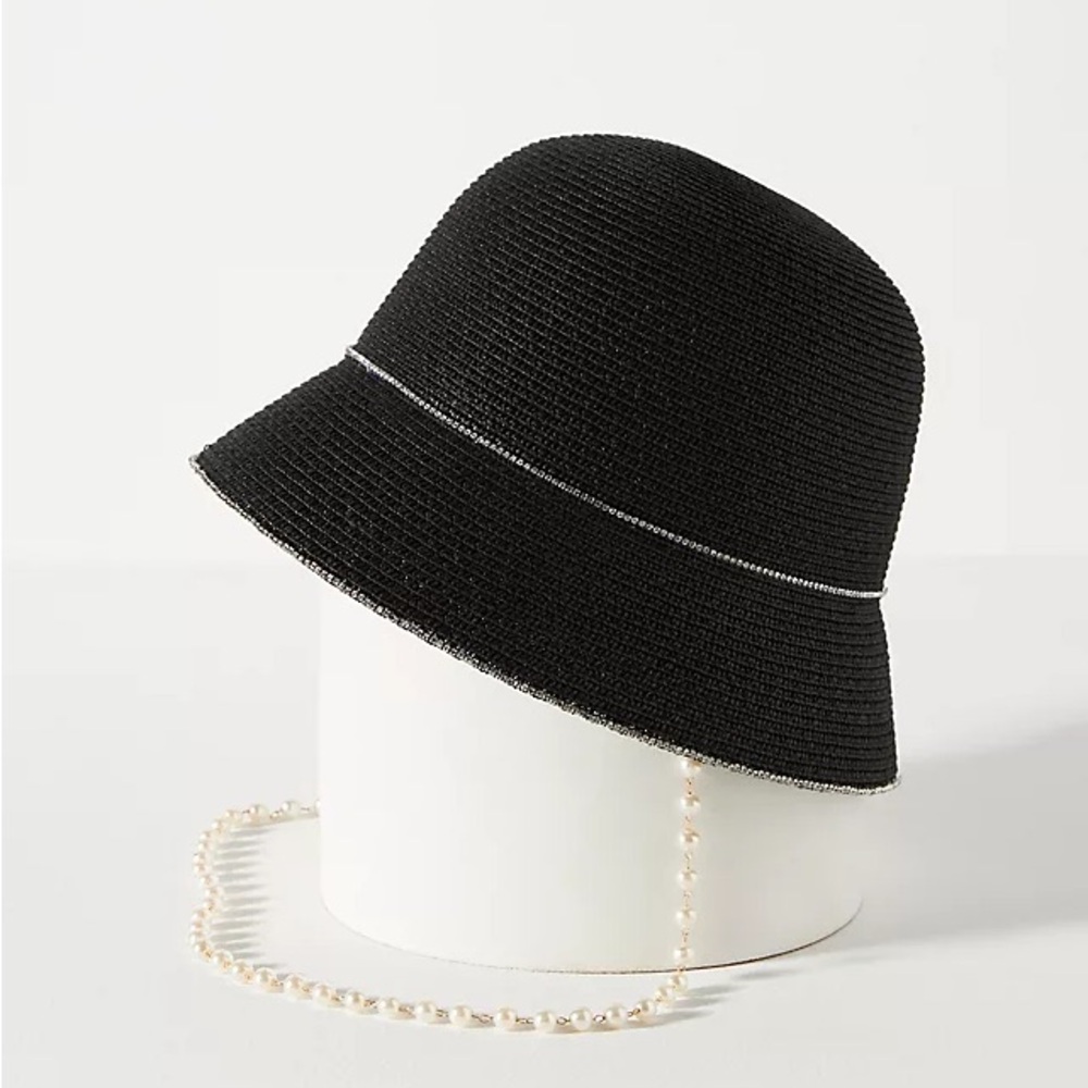 ANTHROPOLOGIE Black and White Pearl Trimmed Raffia Bucket Cloche Hat NWT! OS